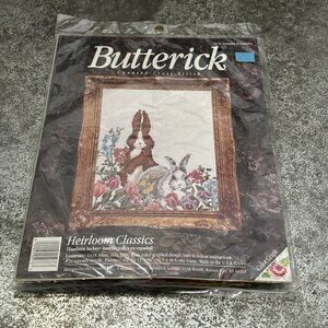 Vintage Counted Cross Stitch Bunny Rabbits In Garden Butterick Heirloom  5276